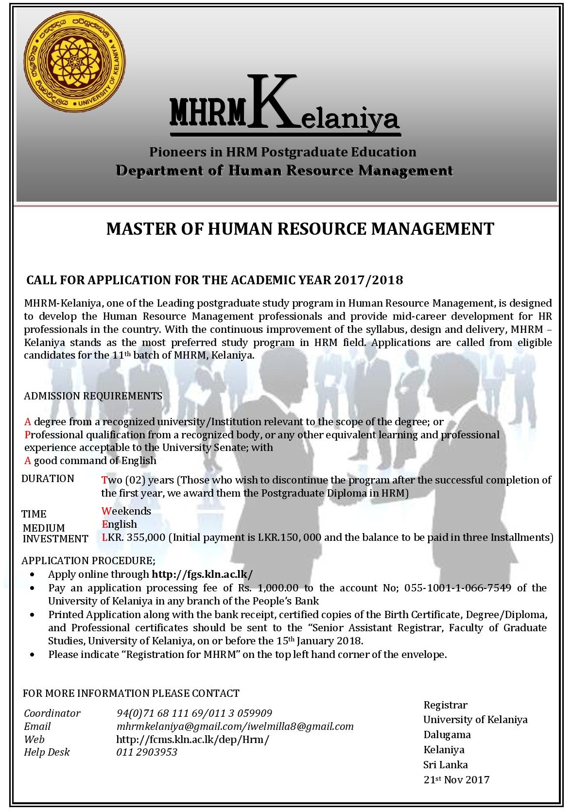 Master of Human Resource Management - Department of Human Resource Management - University of Kelaniya